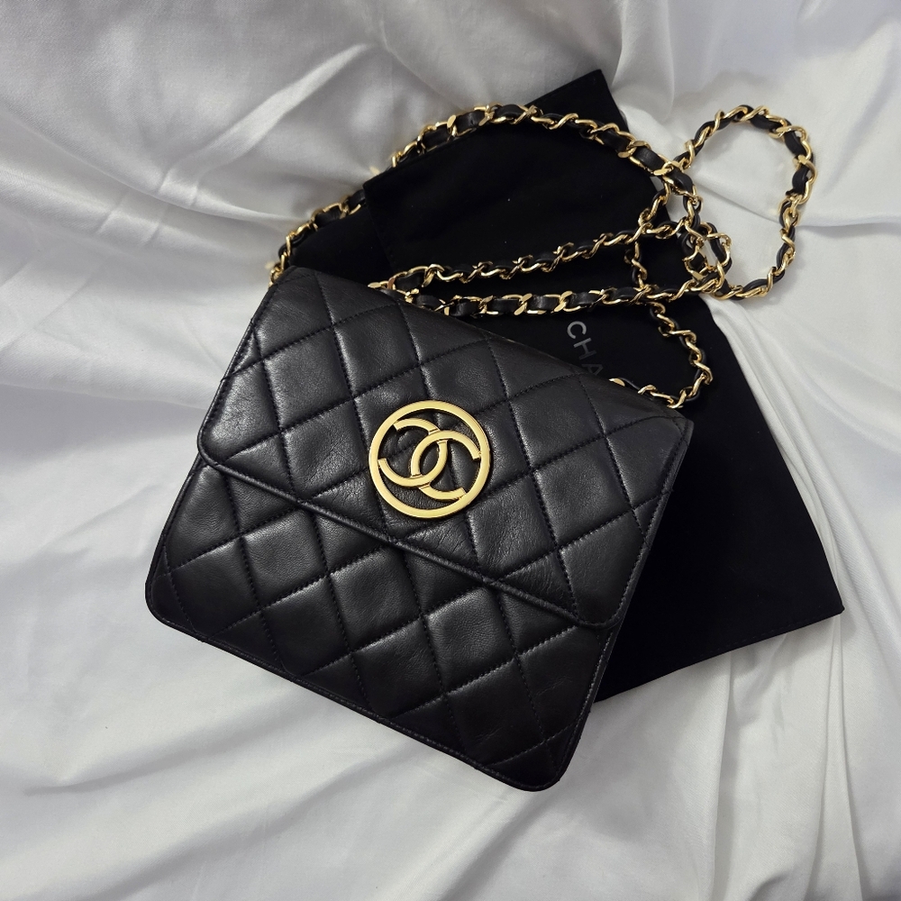 Chanel Vintage Black Quilted Leather Round Flap Bag